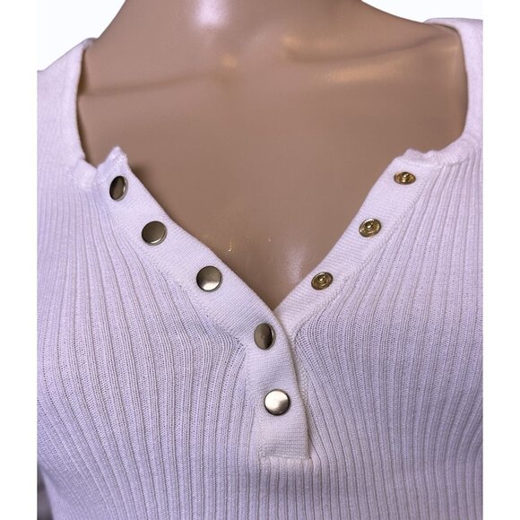 NWT 2Bella Cropped Ribbed Stretch Long Sleeve Top Snap Front L White Y2K Style - Picture 4 of 11